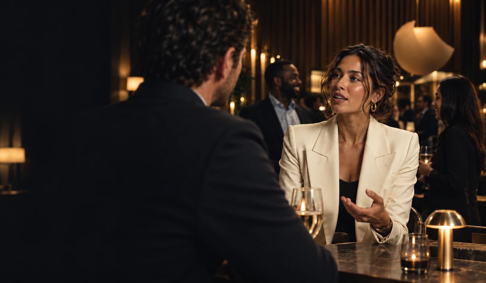 An evening gathering: a woman in a cream jacket mid-conversation in a warm, dimly lit lounge.